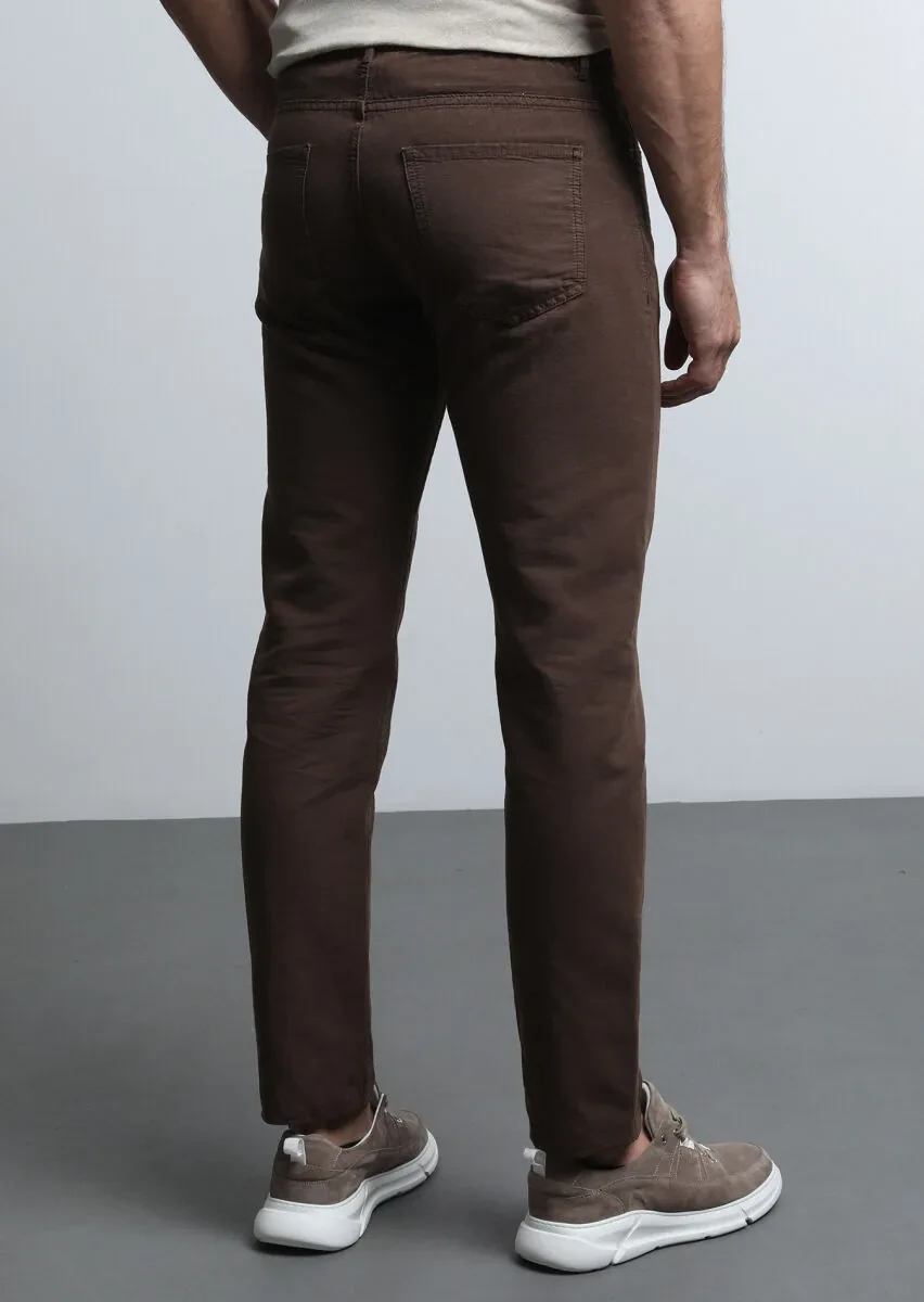 Brown Weaving Slim Fit Casual Cotton Blended Trousers - 5