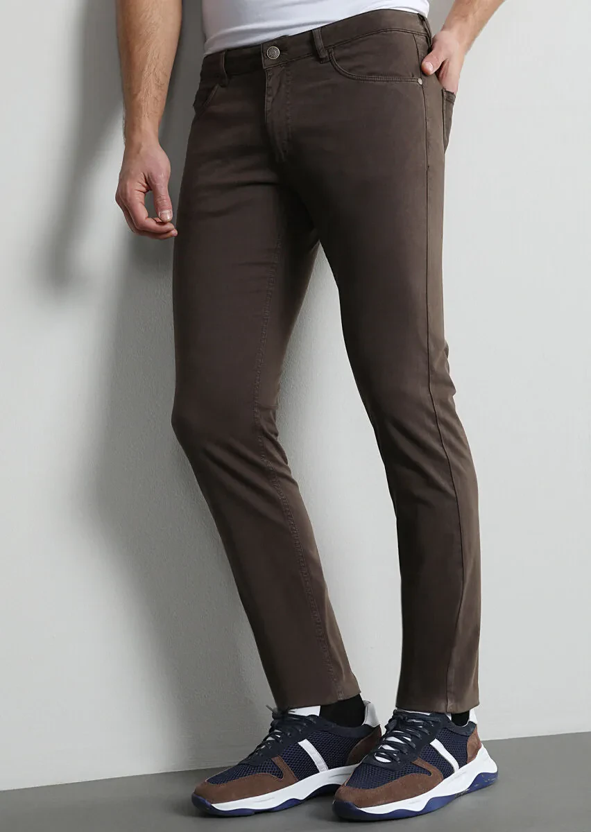 Brown Weaving Slim Fit Casual Cotton Blended Trousers - 2