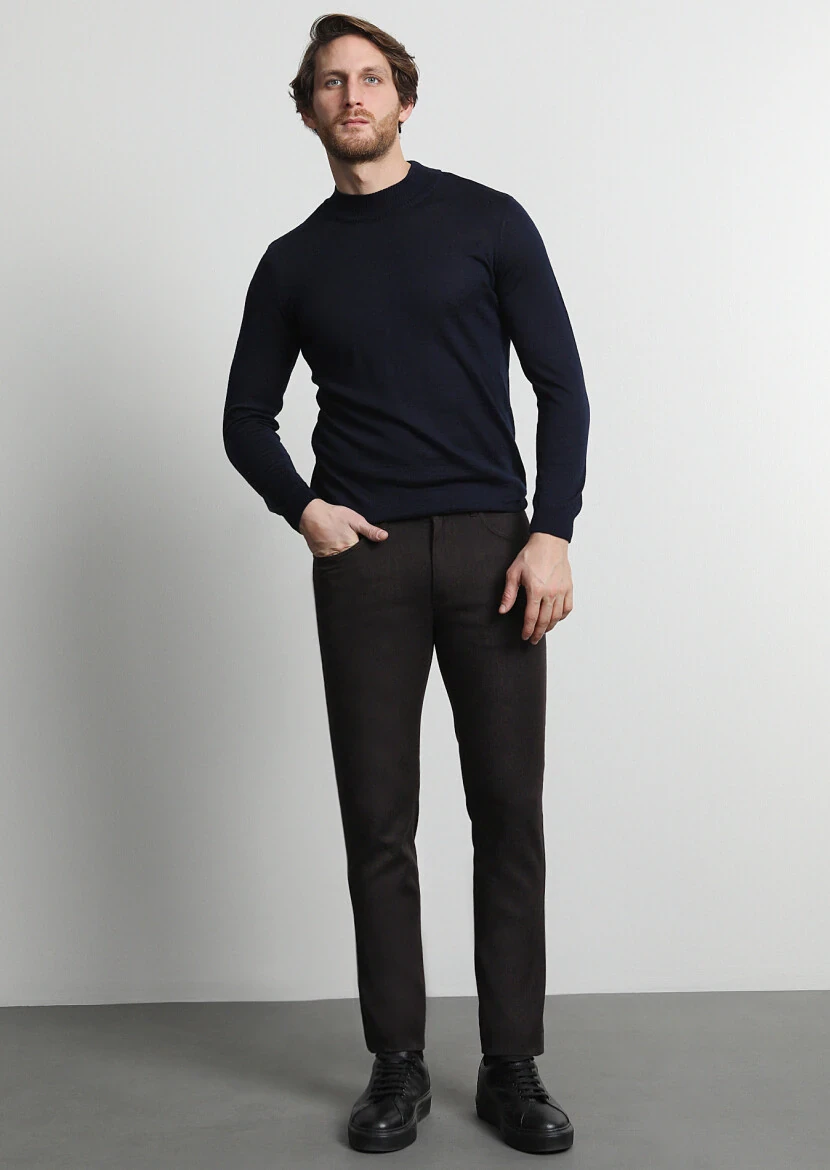 Brown Weaving Slim Fit Casual Cotton Blended Trousers - 1