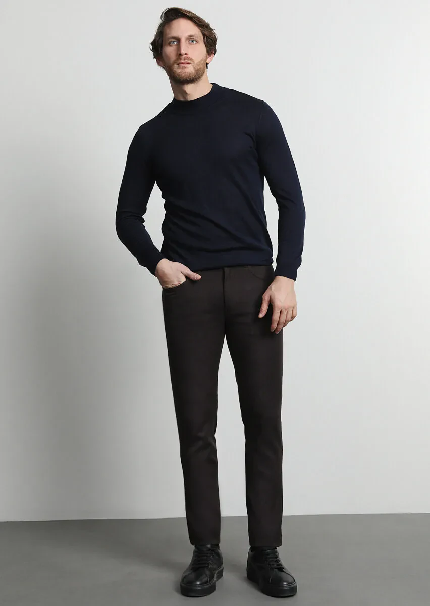 Brown Weaving Slim Fit Casual Cotton Blended Trousers - 1