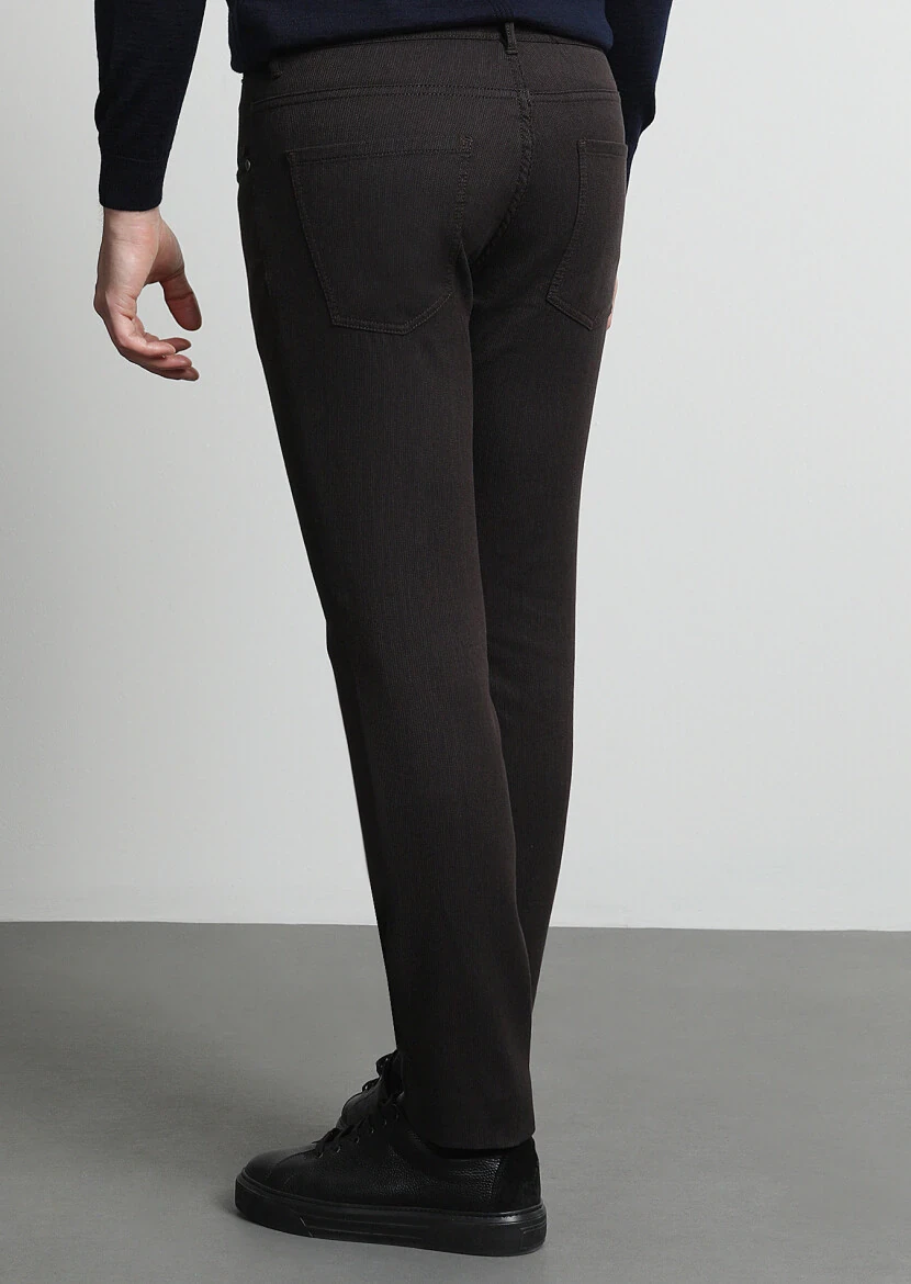 Brown Weaving Slim Fit Casual Cotton Blended Trousers - 4