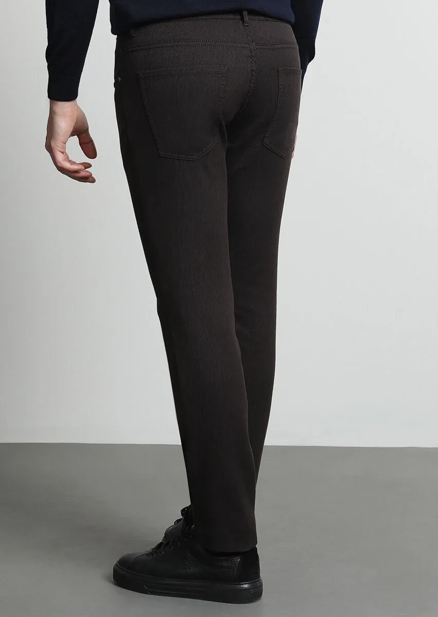 Brown Weaving Slim Fit Casual Cotton Blended Trousers - 4