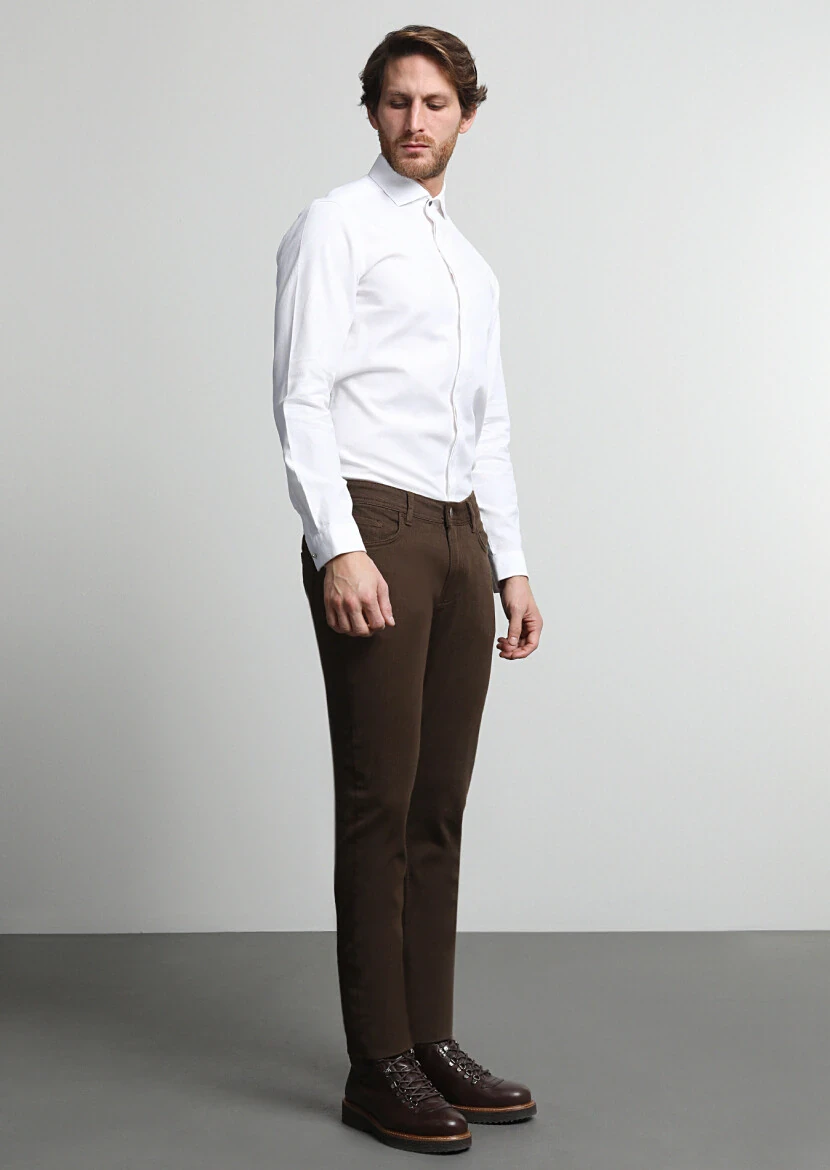 Brown Weaving Slim Fit Casual Cotton Blended Trousers - 1