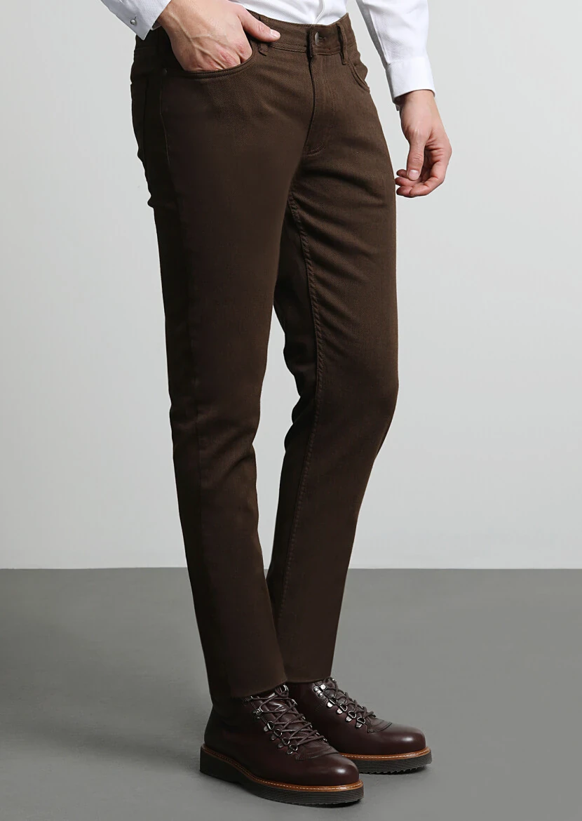 Brown Weaving Slim Fit Casual Cotton Blended Trousers - 2