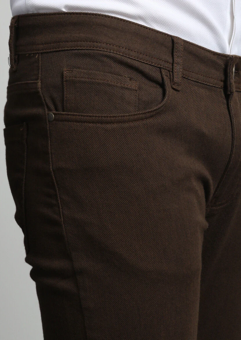 Brown Weaving Slim Fit Casual Cotton Blended Trousers - 3