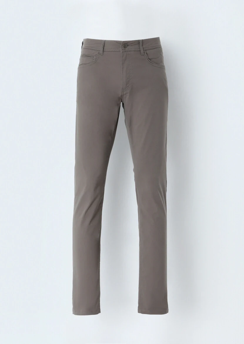 Brown Weaving Slim Fit Casual Cotton Blended Trousers - 1