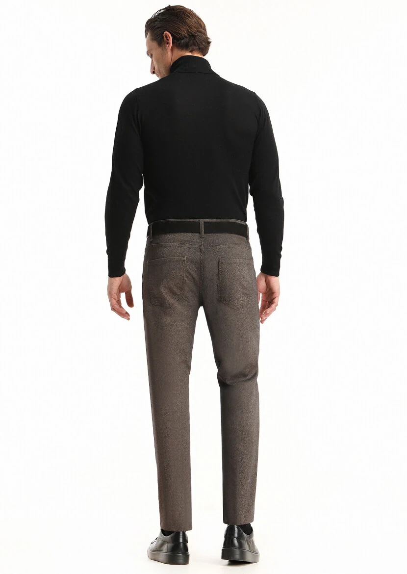 Brown Weaving Slim Fit Casual Cotton Blended Trousers - 4