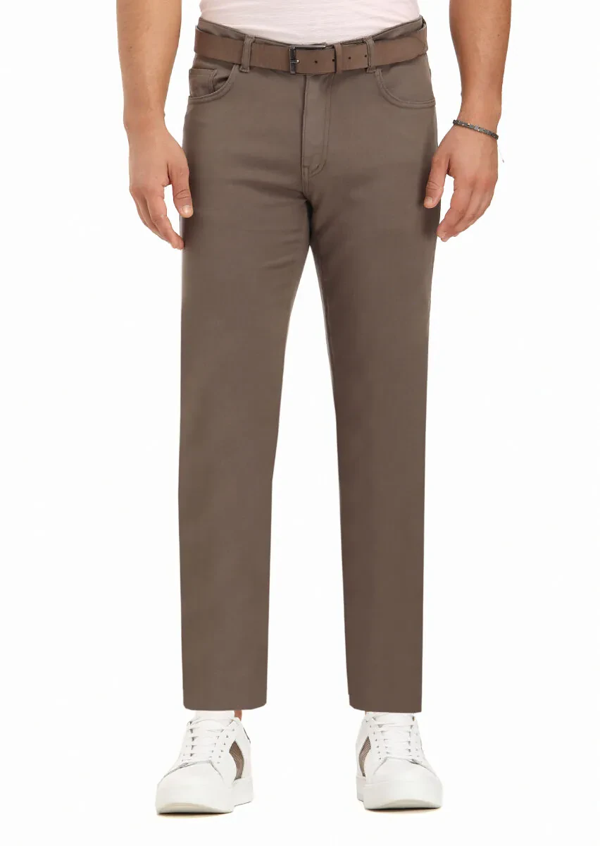 Brown Weaving Slim Fit Casual Cotton Blended Trousers - 2