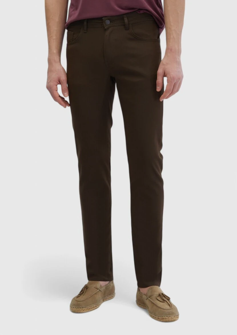 Brown Weaving Slim Fit Casual Cotton Blended Trousers - RAMSEY