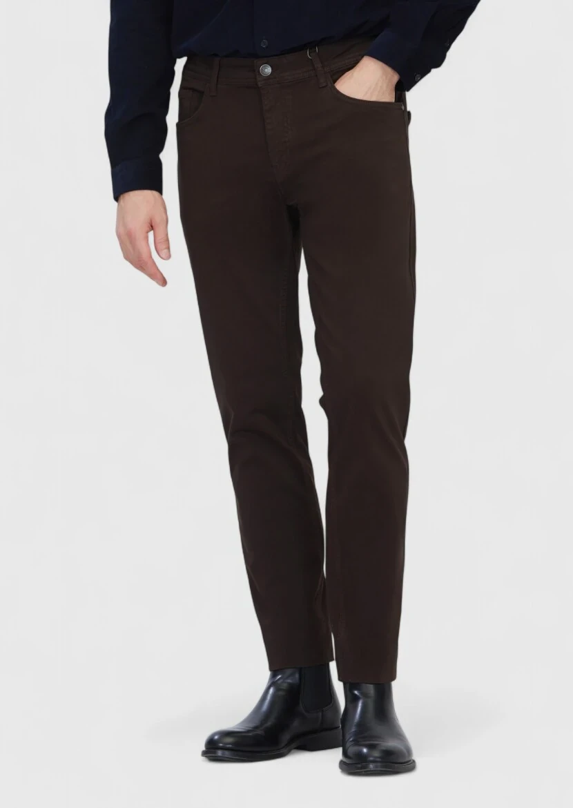 Brown Weaving Slim Fit Casual Cotton Blended Trousers - RAMSEY