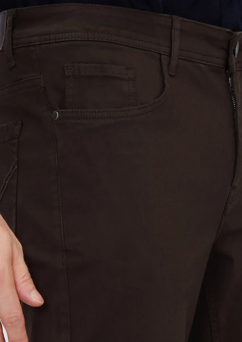 Brown Weaving Slim Fit Casual Cotton Blended Trousers - 3