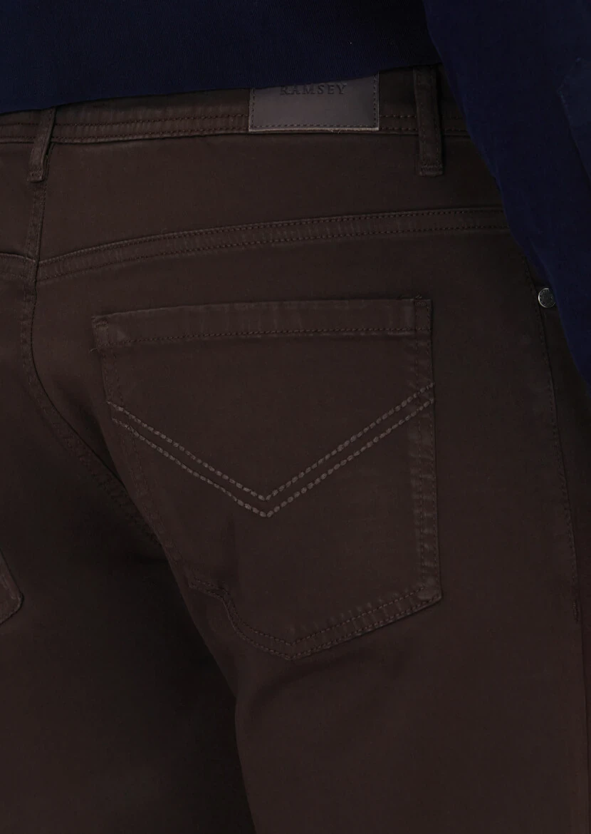 Brown Weaving Slim Fit Casual Cotton Blended Trousers - 4