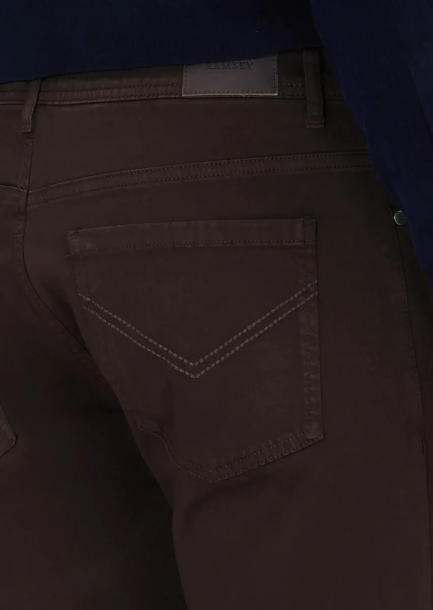 Brown Weaving Slim Fit Casual Cotton Blended Trousers - 4