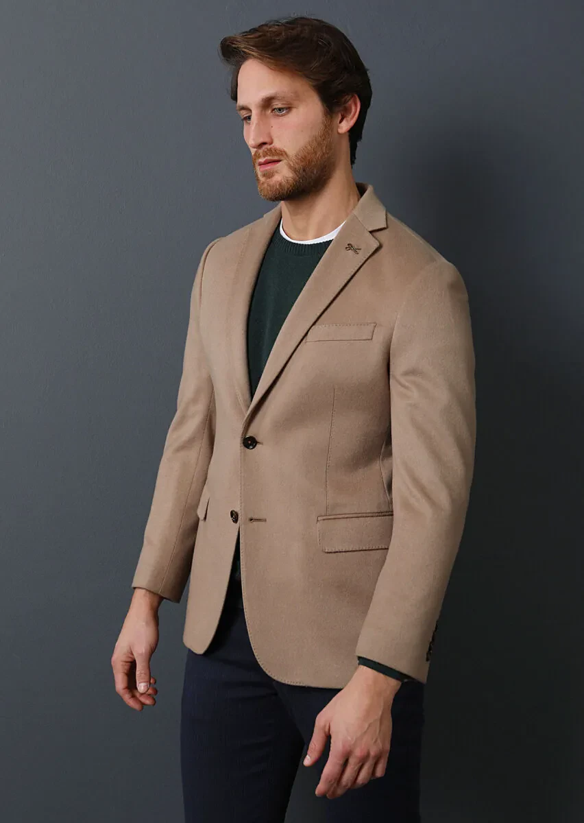 Buff Plain Regular Fit 100% Cashmire Jacket - 1