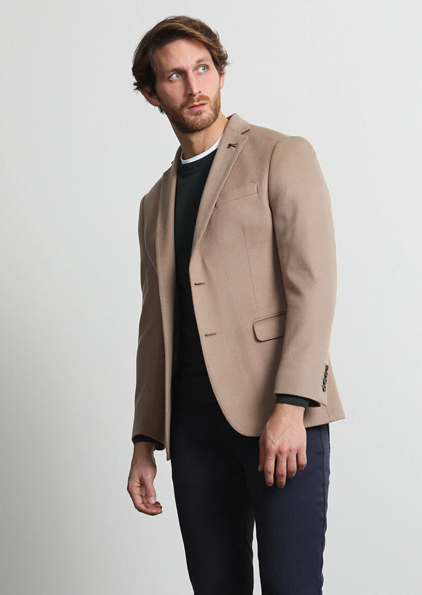 Buff Plain Regular Fit 100% Cashmire Jacket - 3