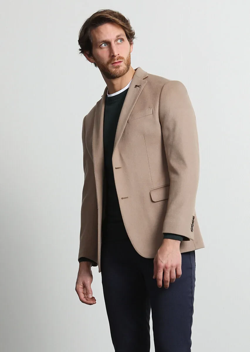 Buff Plain Regular Fit 100% Cashmire Jacket - 3