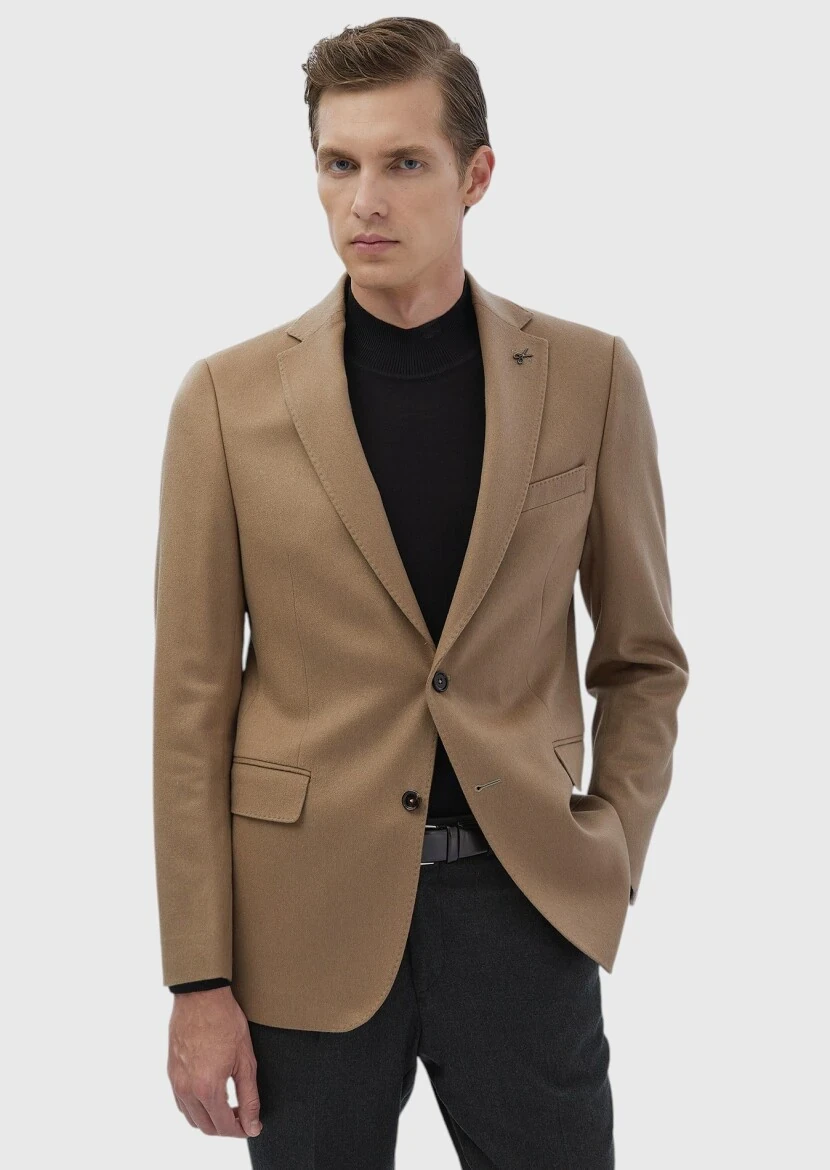 Buff Plain Regular Fit 100% Cashmire Jacket - RAMSEY