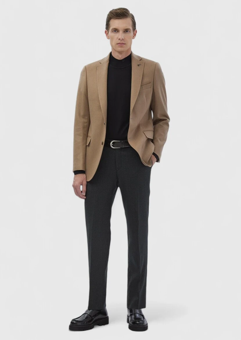 Buff Plain Regular Fit 100% Cashmire Jacket - RAMSEY