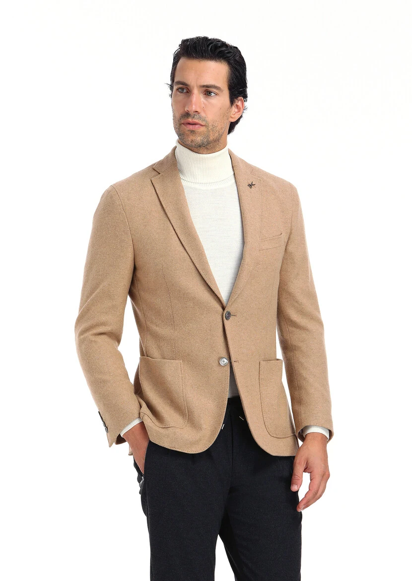 Buff Plain Shirt Shoulder Slim Fit Wool Blended Jacket - 3