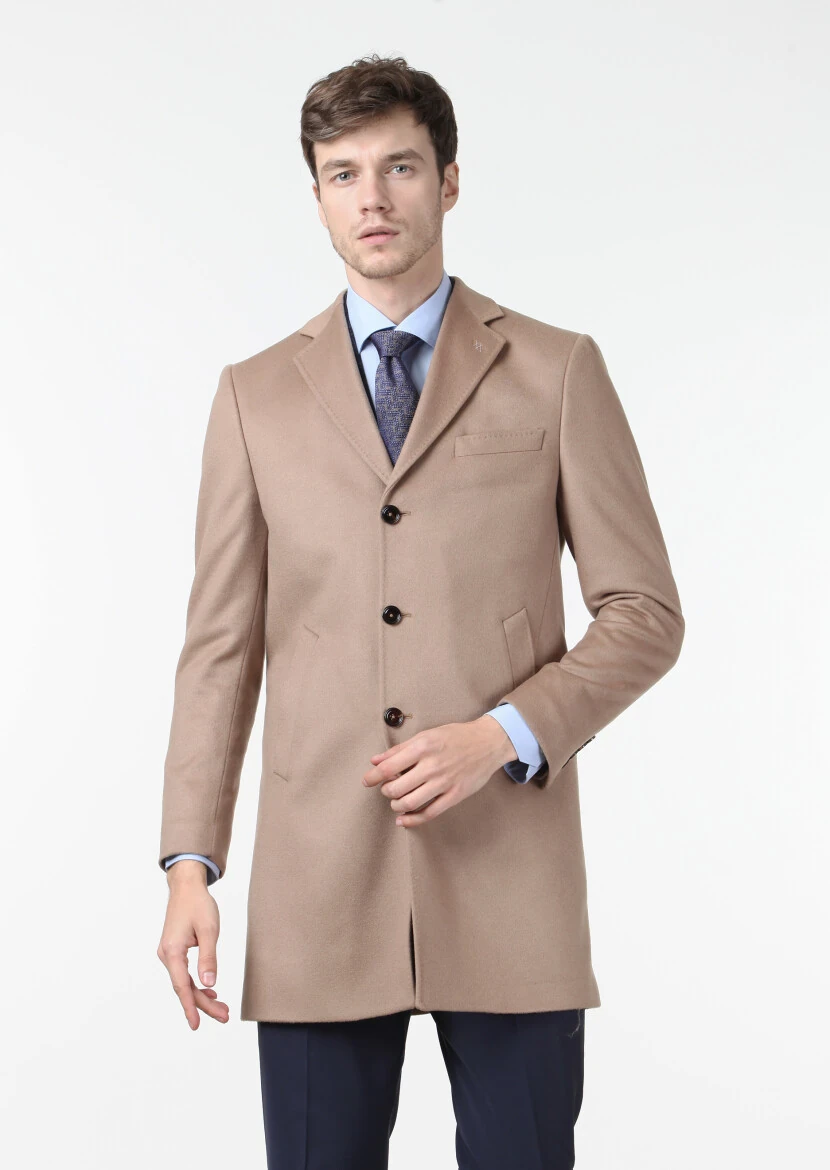 Buff Regular Fit Butterfly Collar Classical Weaving Overcoat - 1