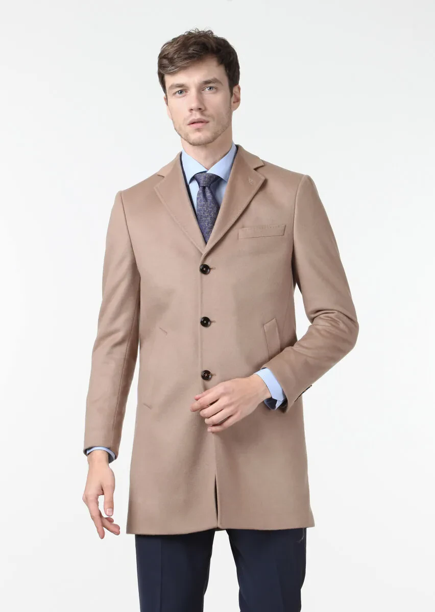 Buff Regular Fit Butterfly Collar Classical Weaving Overcoat - 1