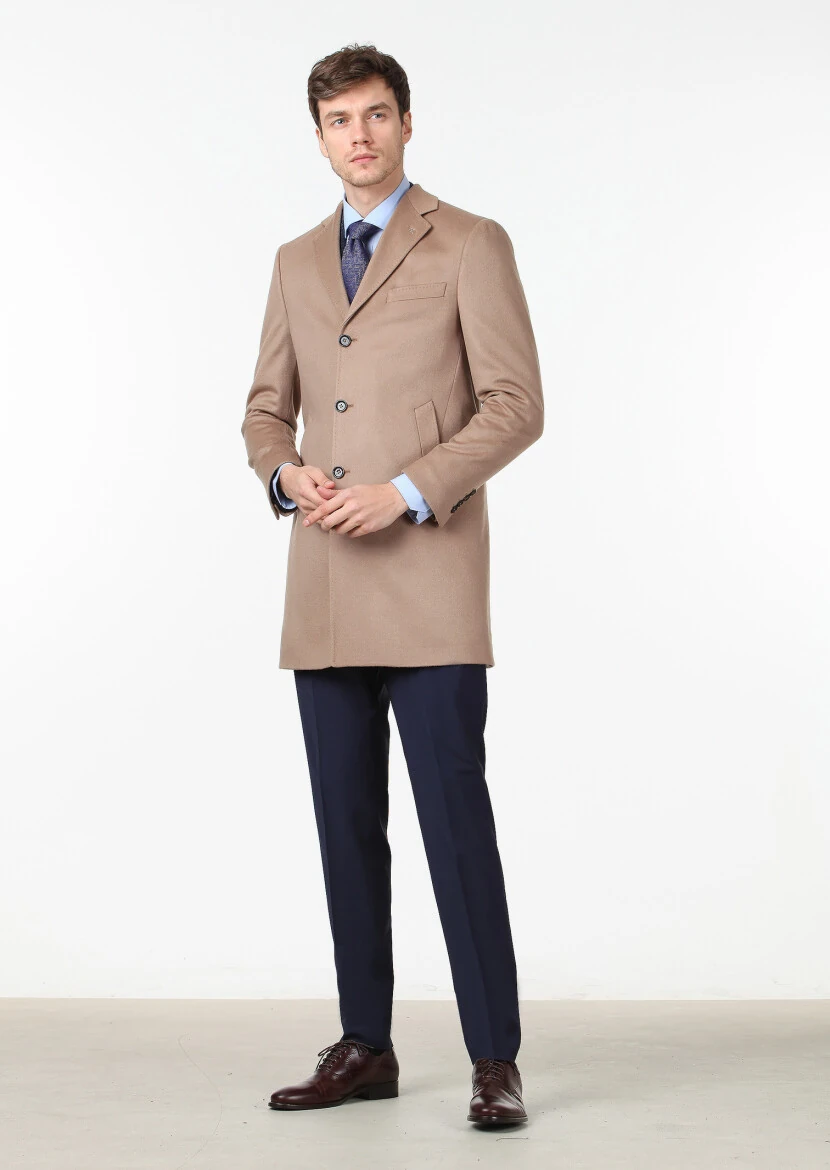 Buff Regular Fit Butterfly Collar Classical Weaving Overcoat - 2