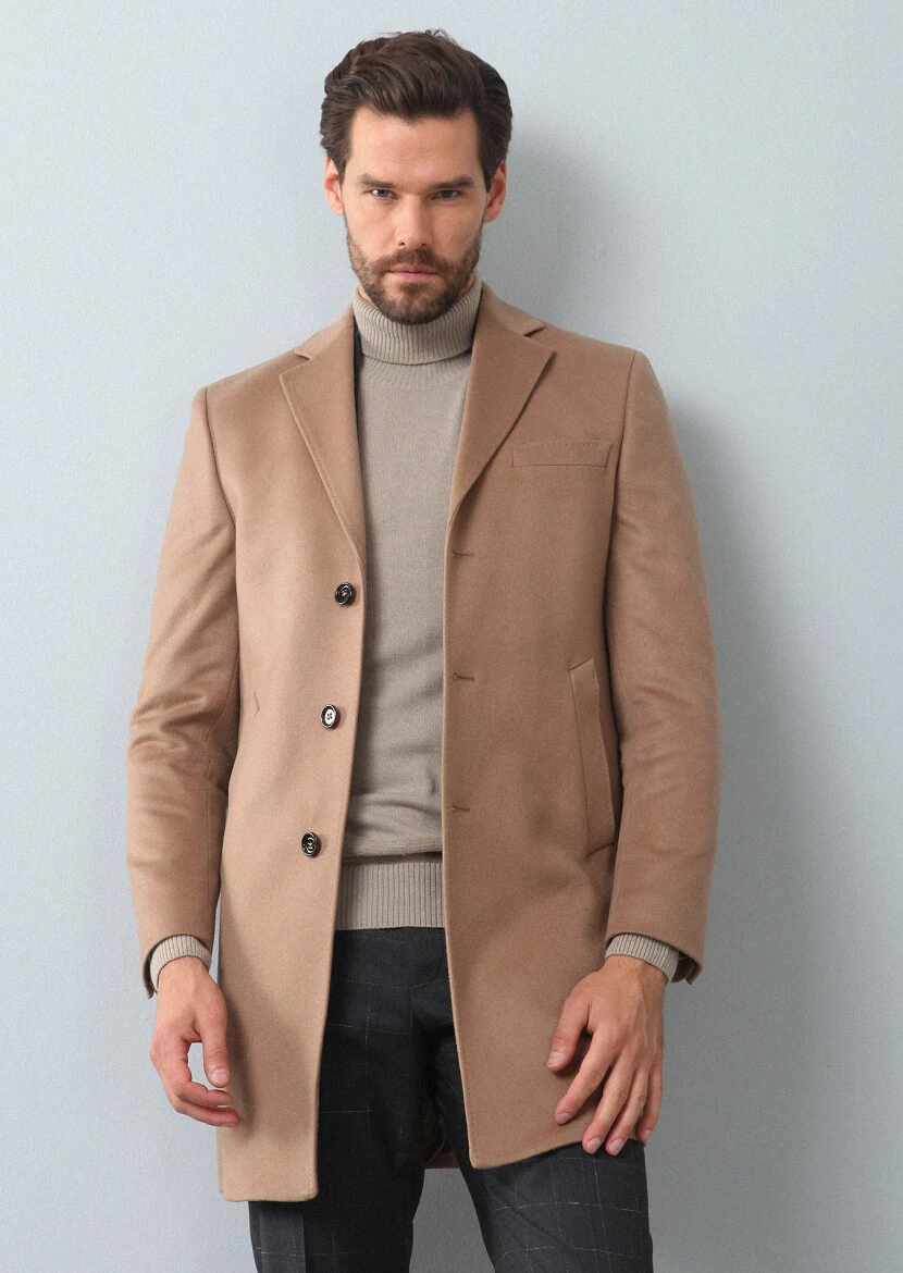 Buff Regular Fit Butterfly Collar Classical Weaving Overcoat - 4