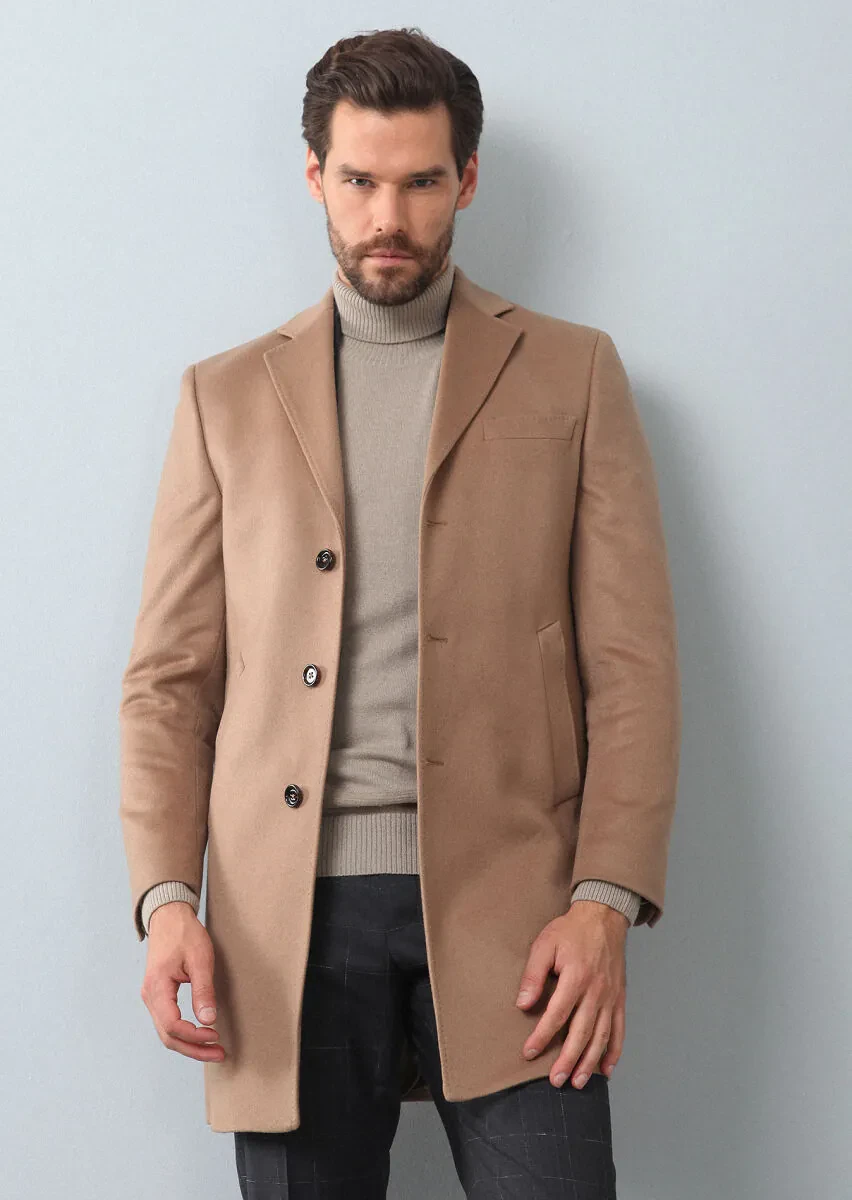 Buff Regular Fit Butterfly Collar Classical Weaving Overcoat - 4