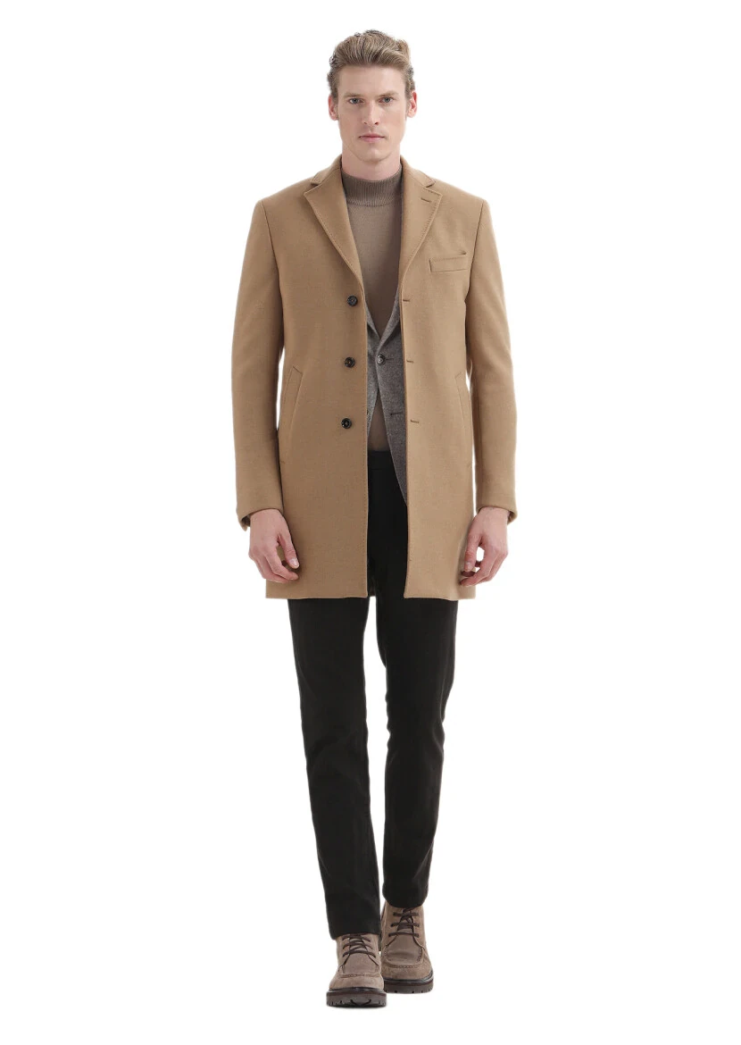 Buff Regular Fit Butterfly Collar Classical Weaving Overcoat - 1