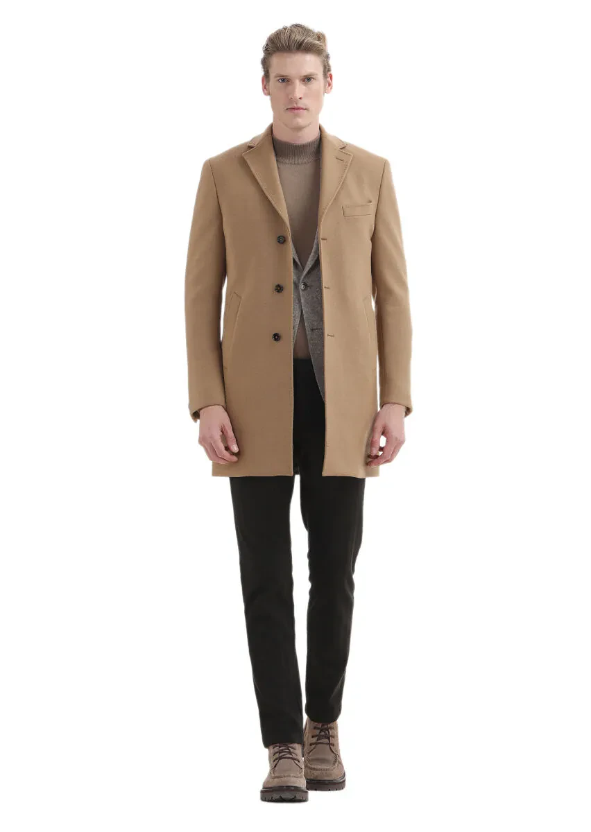 Buff Regular Fit Butterfly Collar Classical Weaving Overcoat - 1