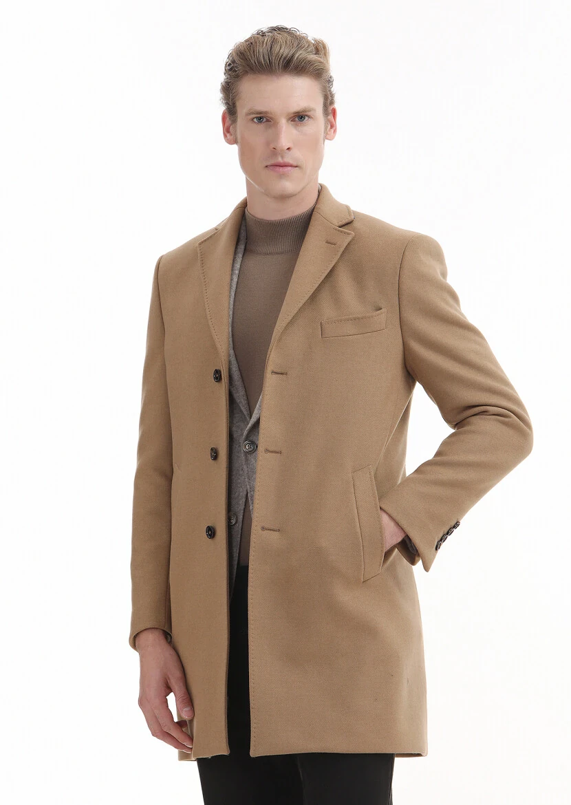 Buff Regular Fit Butterfly Collar Classical Weaving Overcoat - 2