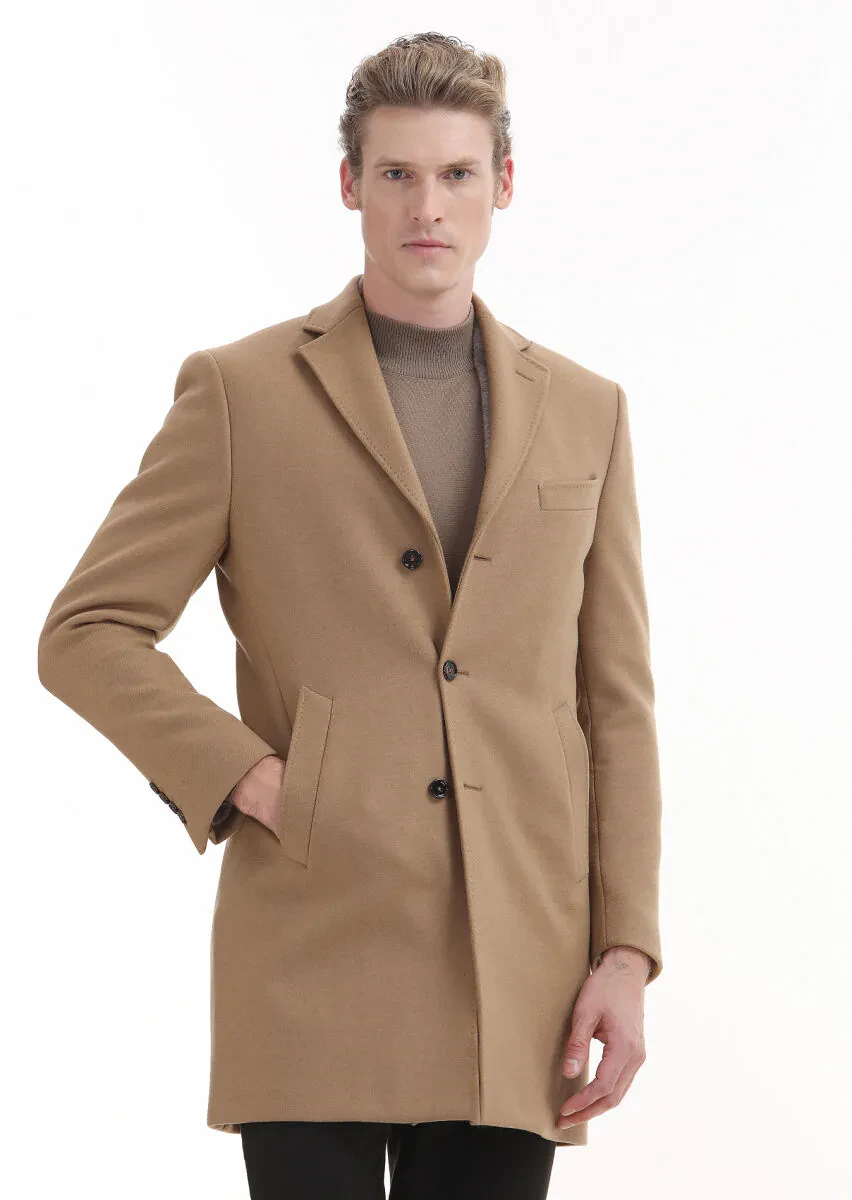 Buff Regular Fit Butterfly Collar Classical Weaving Overcoat - 3