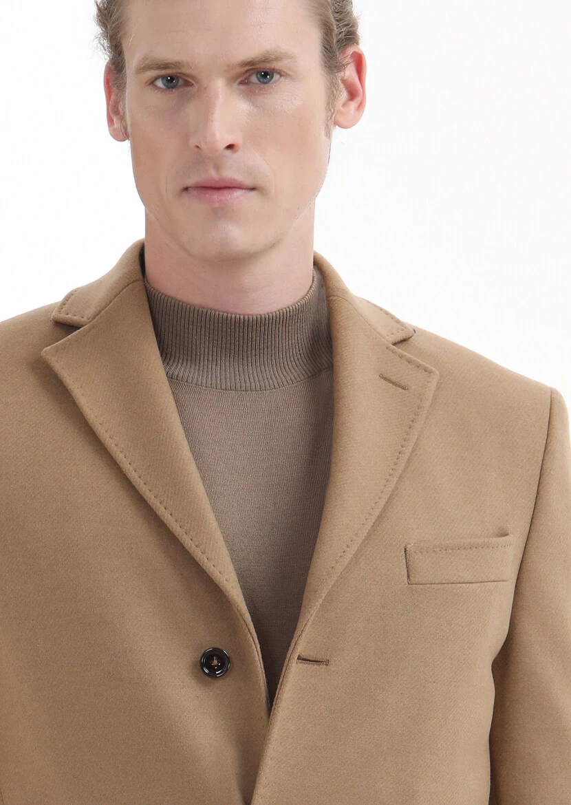 Buff Regular Fit Butterfly Collar Classical Weaving Overcoat - 4