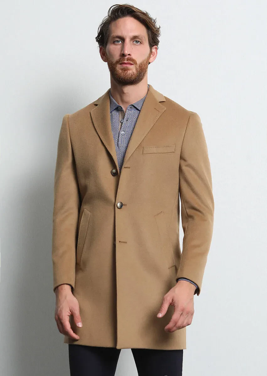 Buff Regular Fit Butterfly Collar Classical Weaving Overcoat - 2