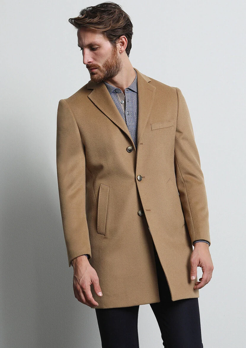 Buff Regular Fit Butterfly Collar Classical Weaving Overcoat - 4