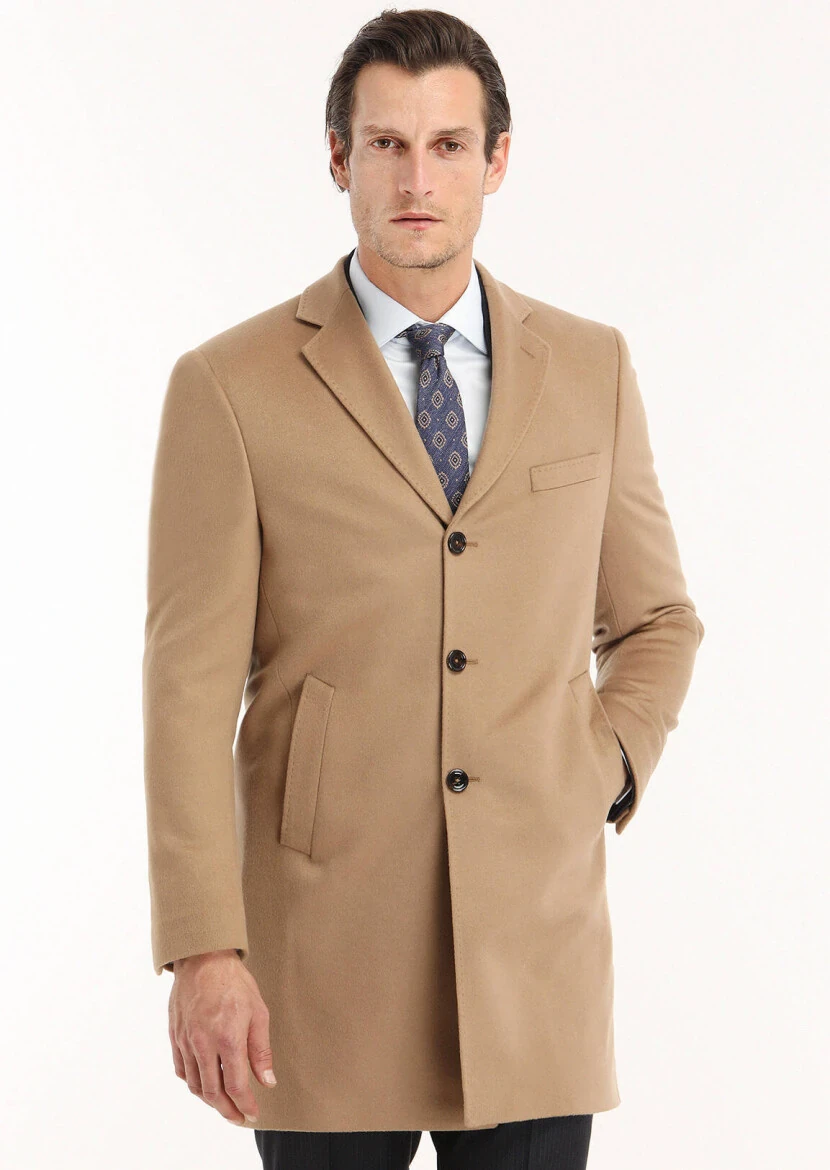 Buff Regular Fit Butterfly Collar Classical Weaving Overcoat - 3