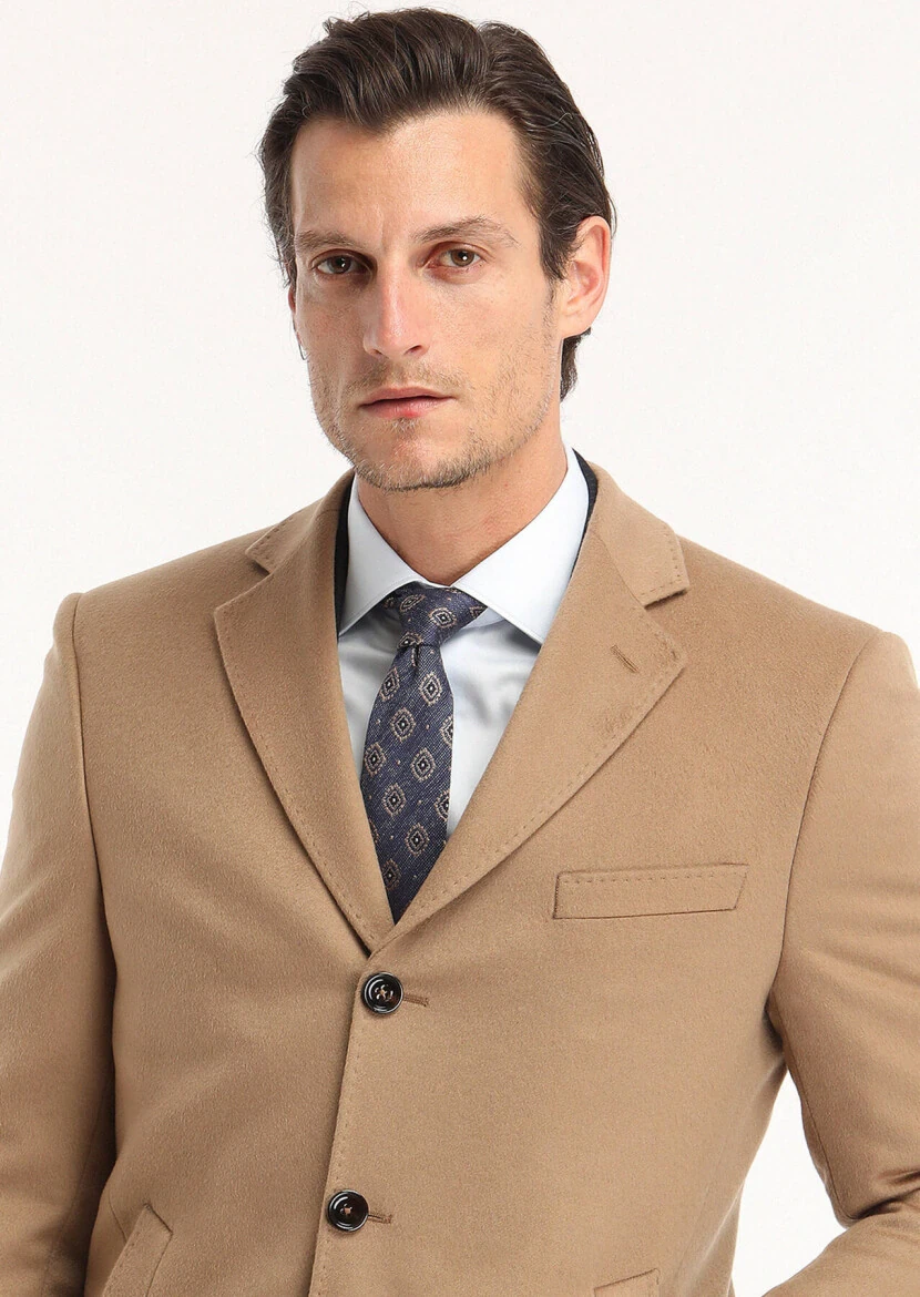 Buff Regular Fit Butterfly Collar Classical Weaving Overcoat - 4