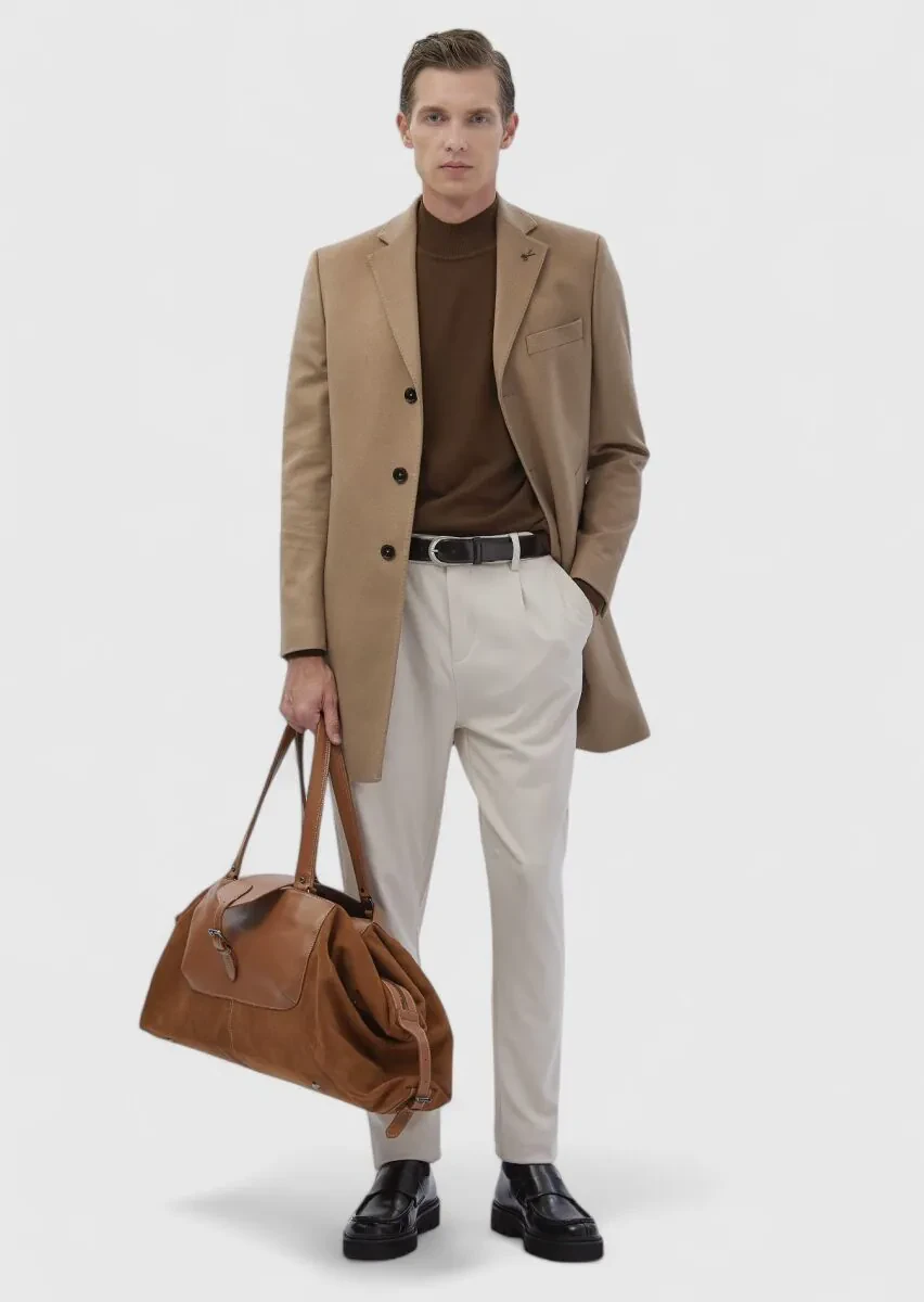 Buff Regular Fit Butterfly Collar Classical Weaving Overcoat - 1