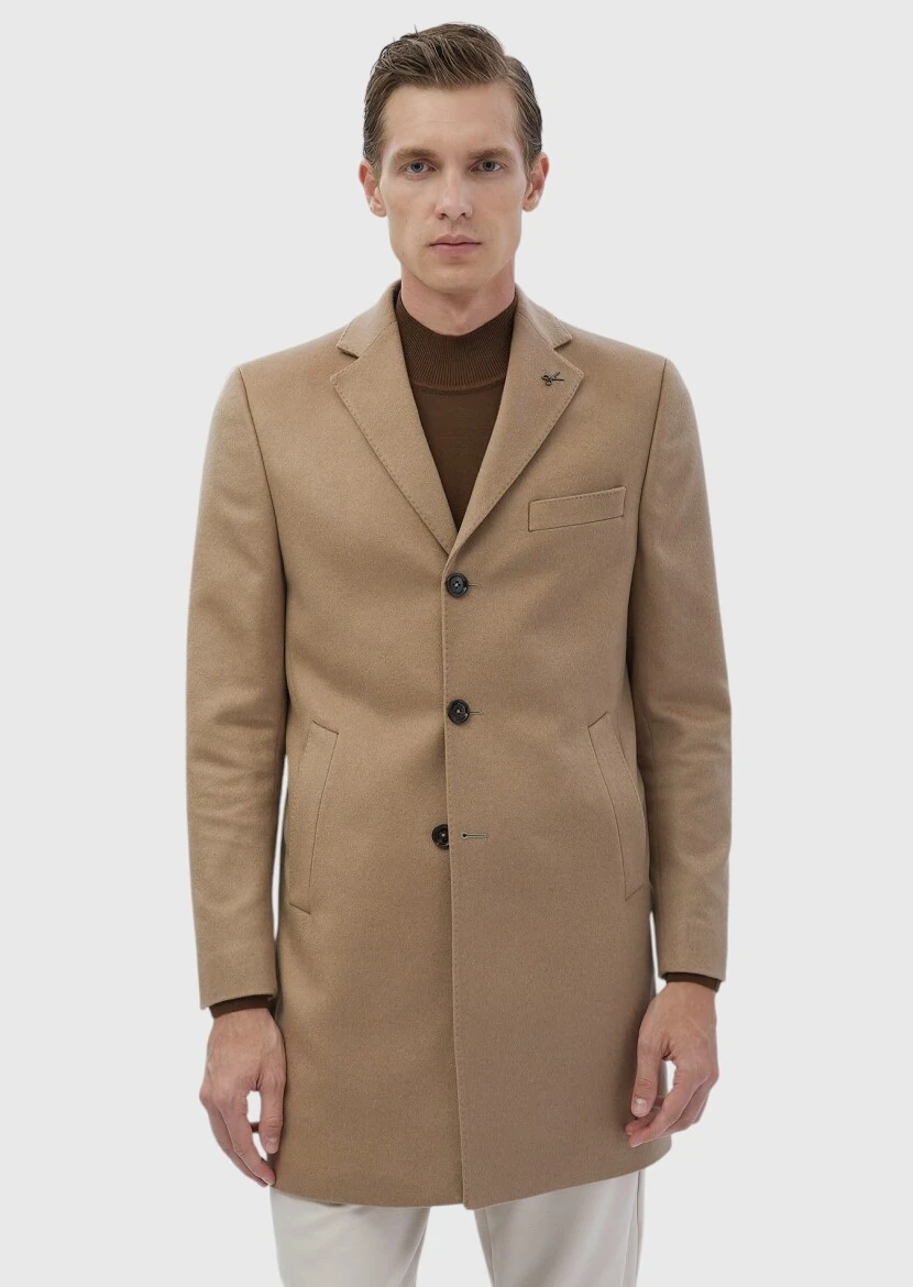 Buff Regular Fit Butterfly Collar Classical Weaving Overcoat - 4