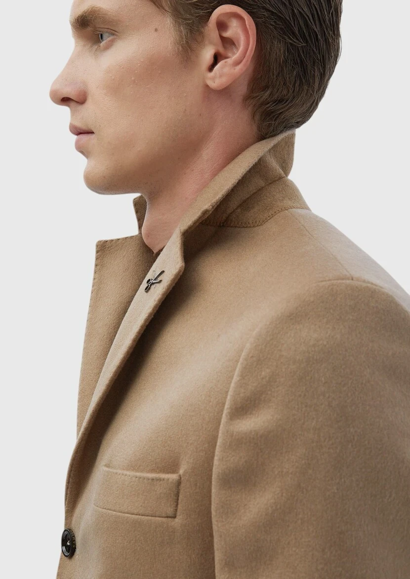 Buff Regular Fit Butterfly Collar Classical Weaving Overcoat - 6