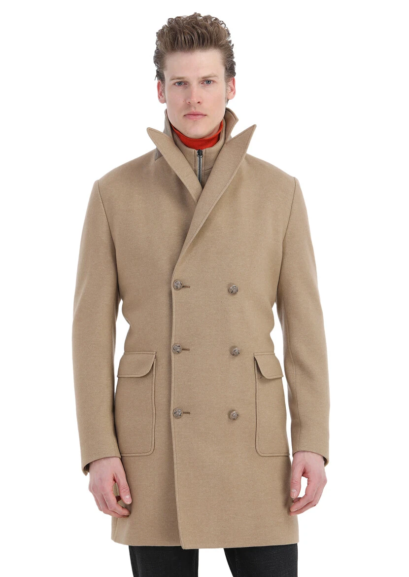 Buff Regular Fit Double Breasted Collar Casual Knitting Overcoat - RAMSEY