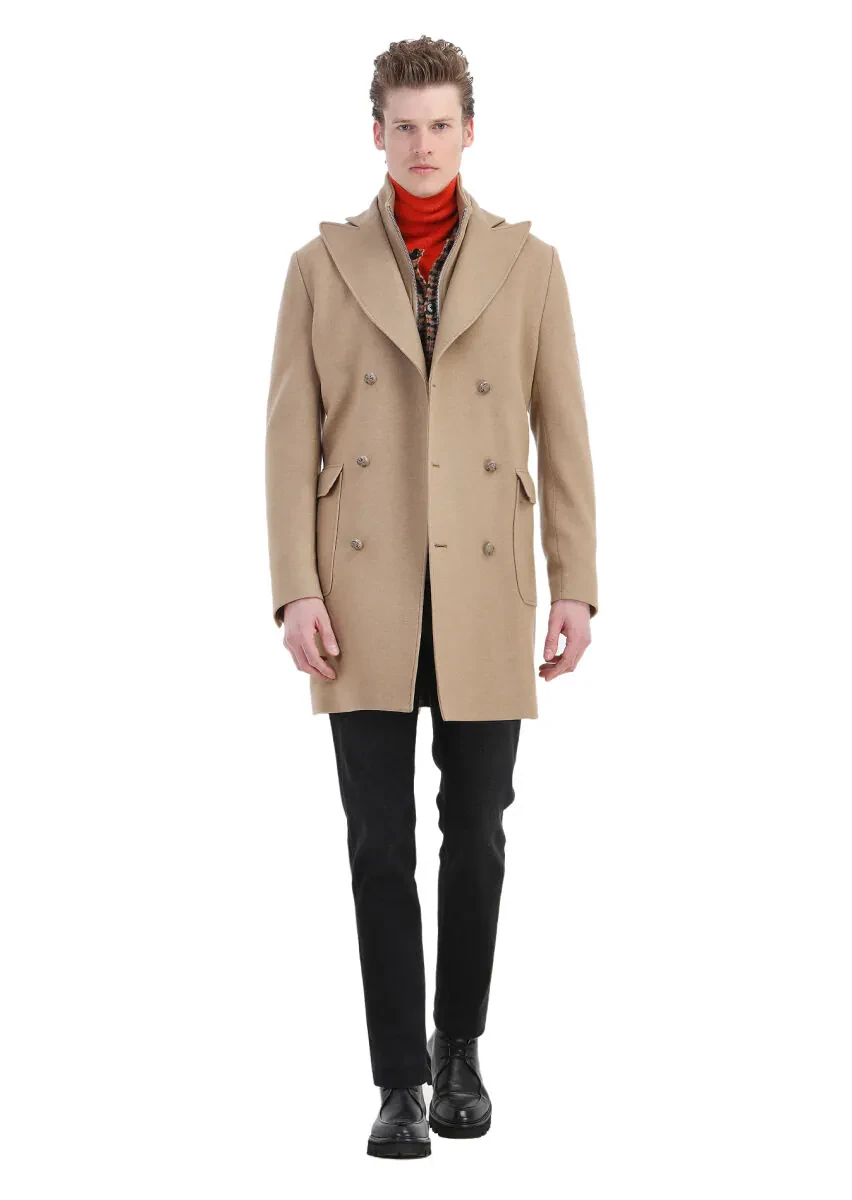 Buff Regular Fit Double Breasted Collar Casual Knitting Overcoat - 2