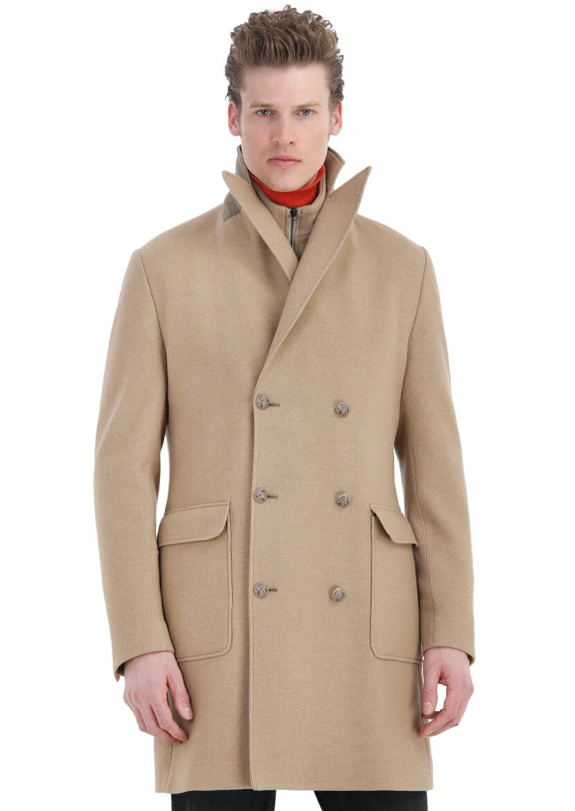 Buff Regular Fit Double Breasted Collar Casual Knitting Overcoat - 6