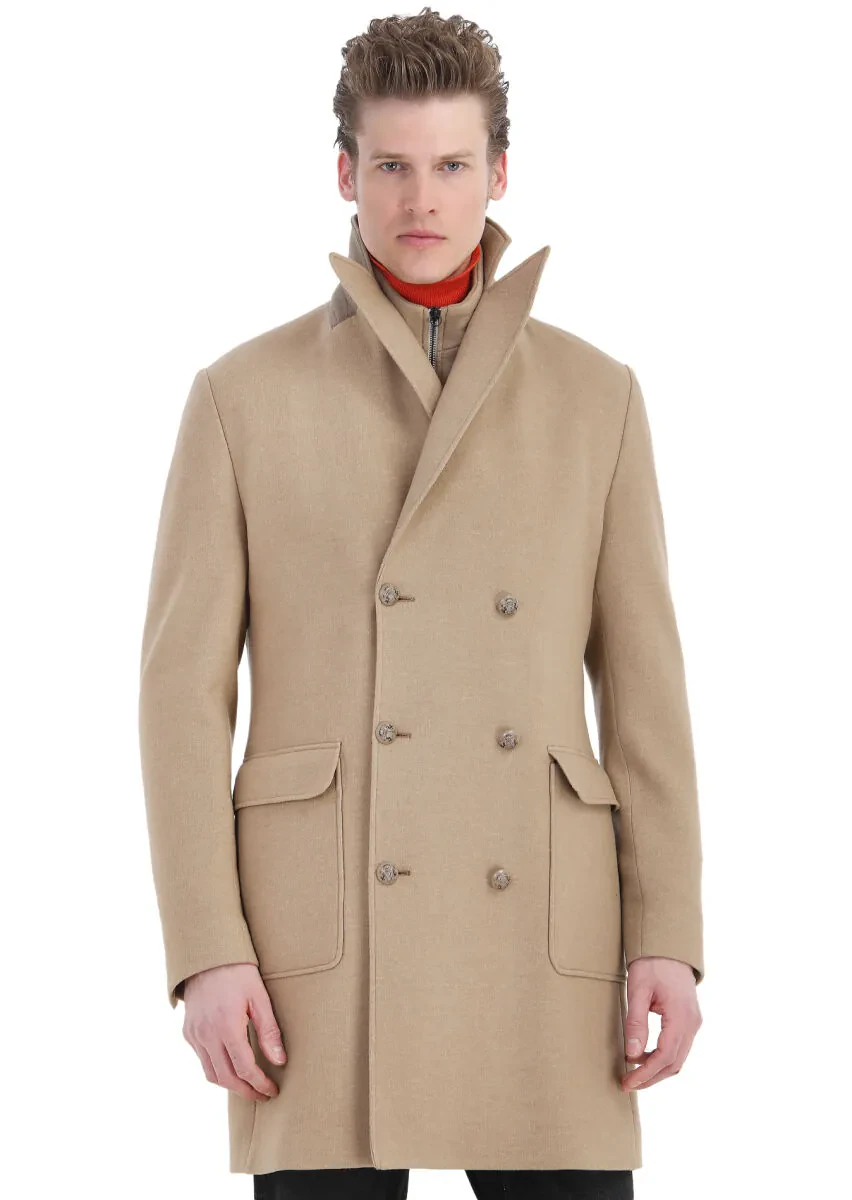 Buff Regular Fit Double Breasted Collar Casual Knitting Overcoat - 6