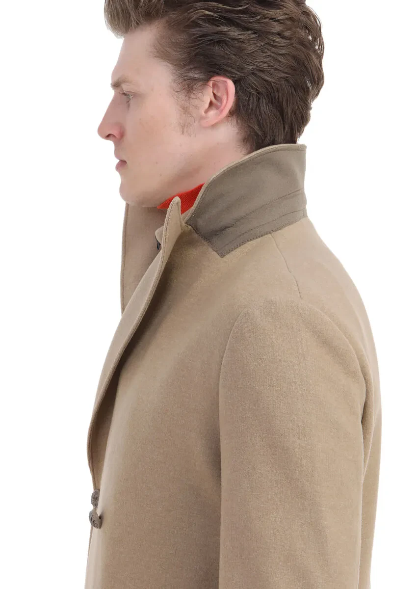 Buff Regular Fit Double Breasted Collar Casual Knitting Overcoat - 8