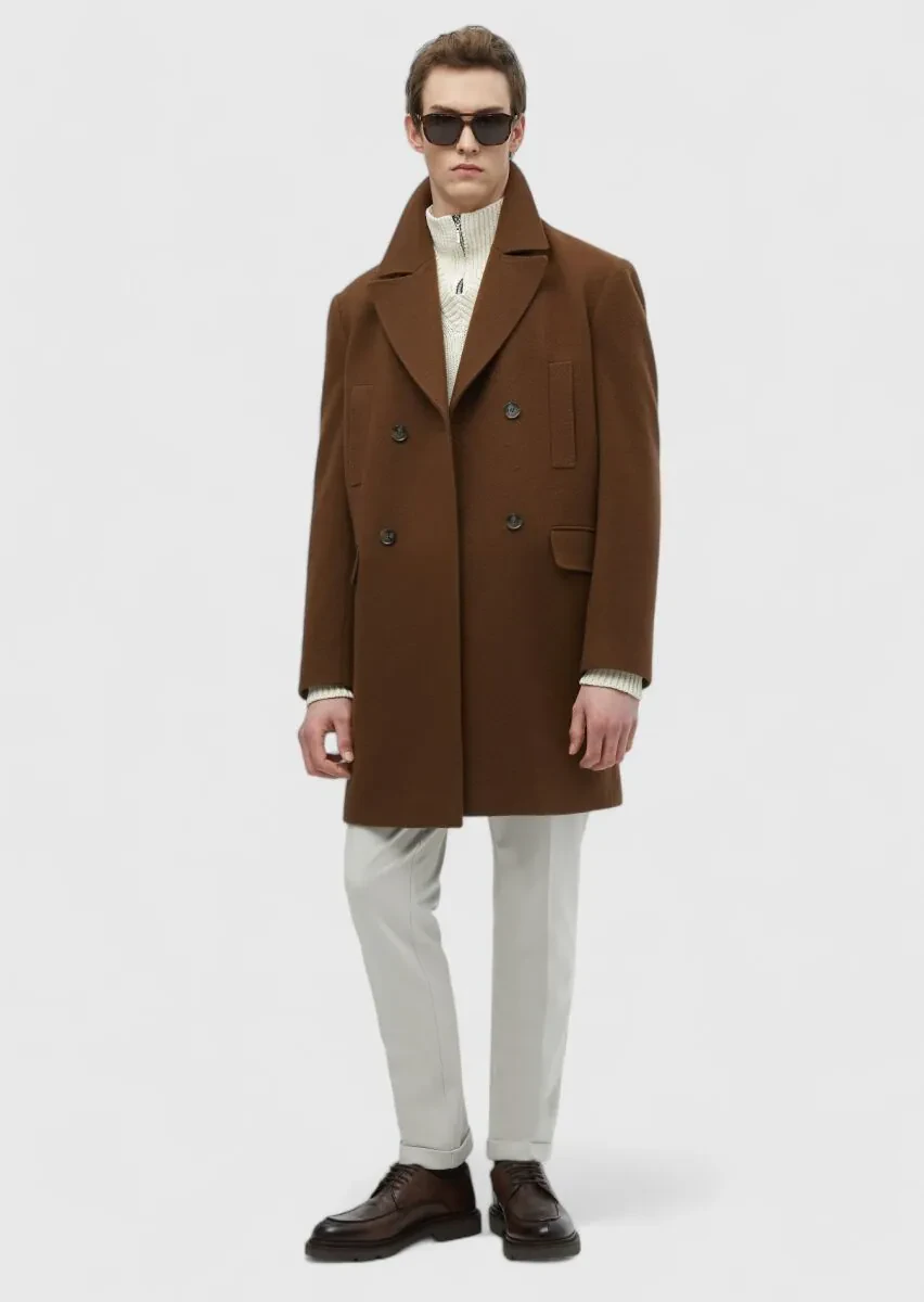 Buff Regular Fit Double Breasted Collar Casual Weaving Overcoat - 2