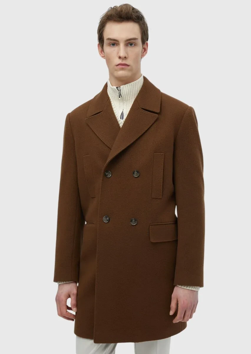 Buff Regular Fit Double Breasted Collar Casual Weaving Overcoat - 3