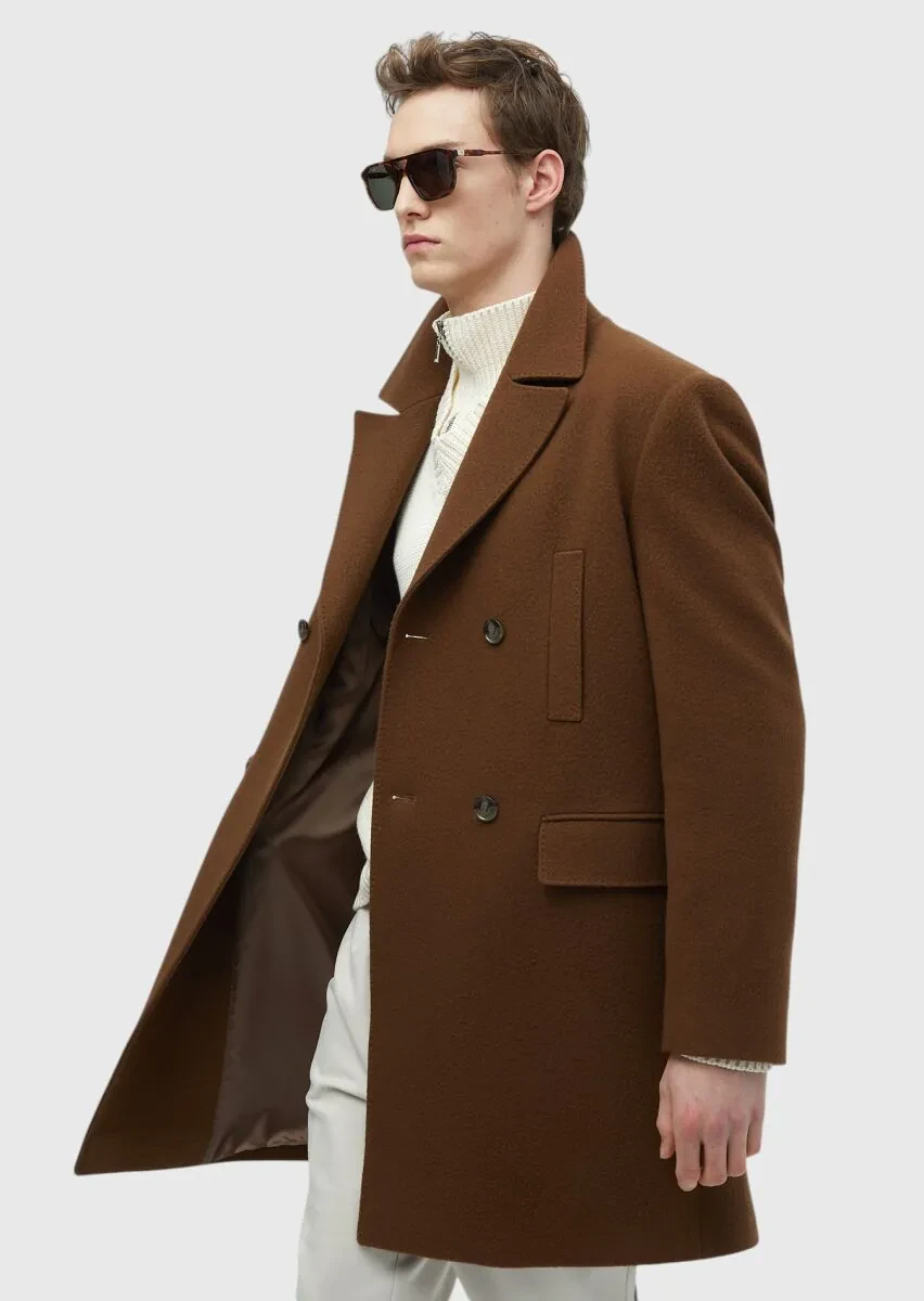 Buff Regular Fit Double Breasted Collar Casual Weaving Overcoat - 4