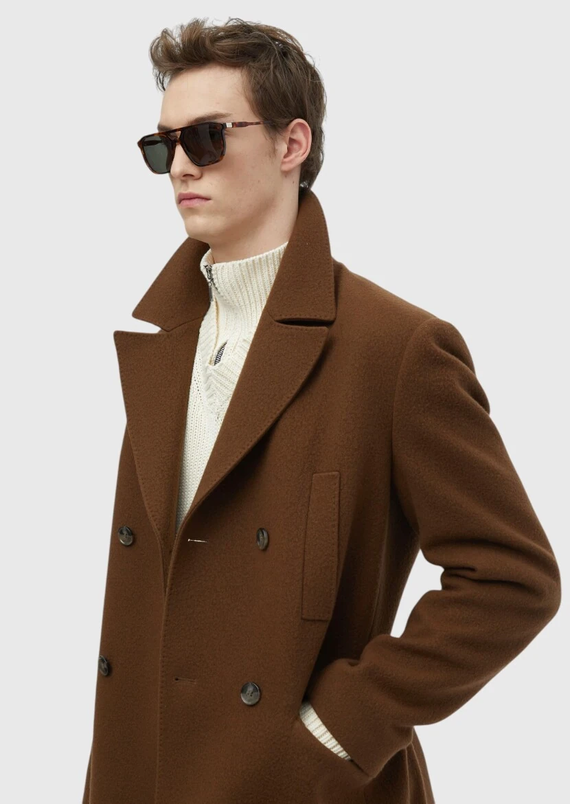 Buff Regular Fit Double Breasted Collar Casual Weaving Overcoat - 5