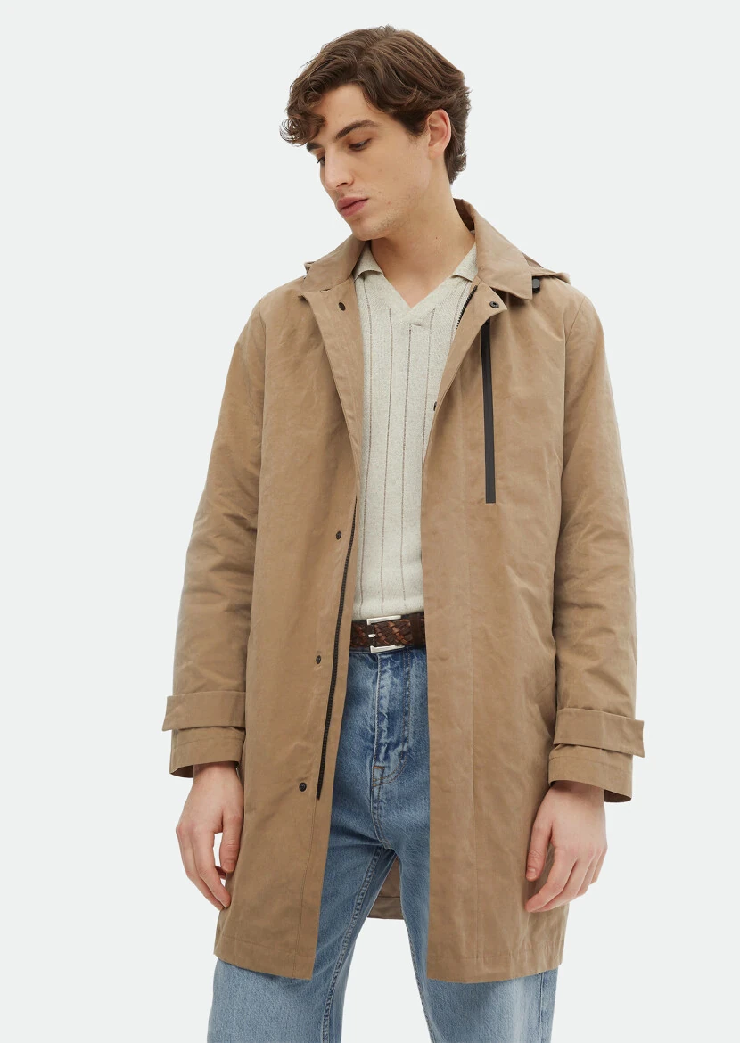 Buff Regular Fit Shirt Collar Casual Weaving Removable Hood Rain Coat - RAMSEY